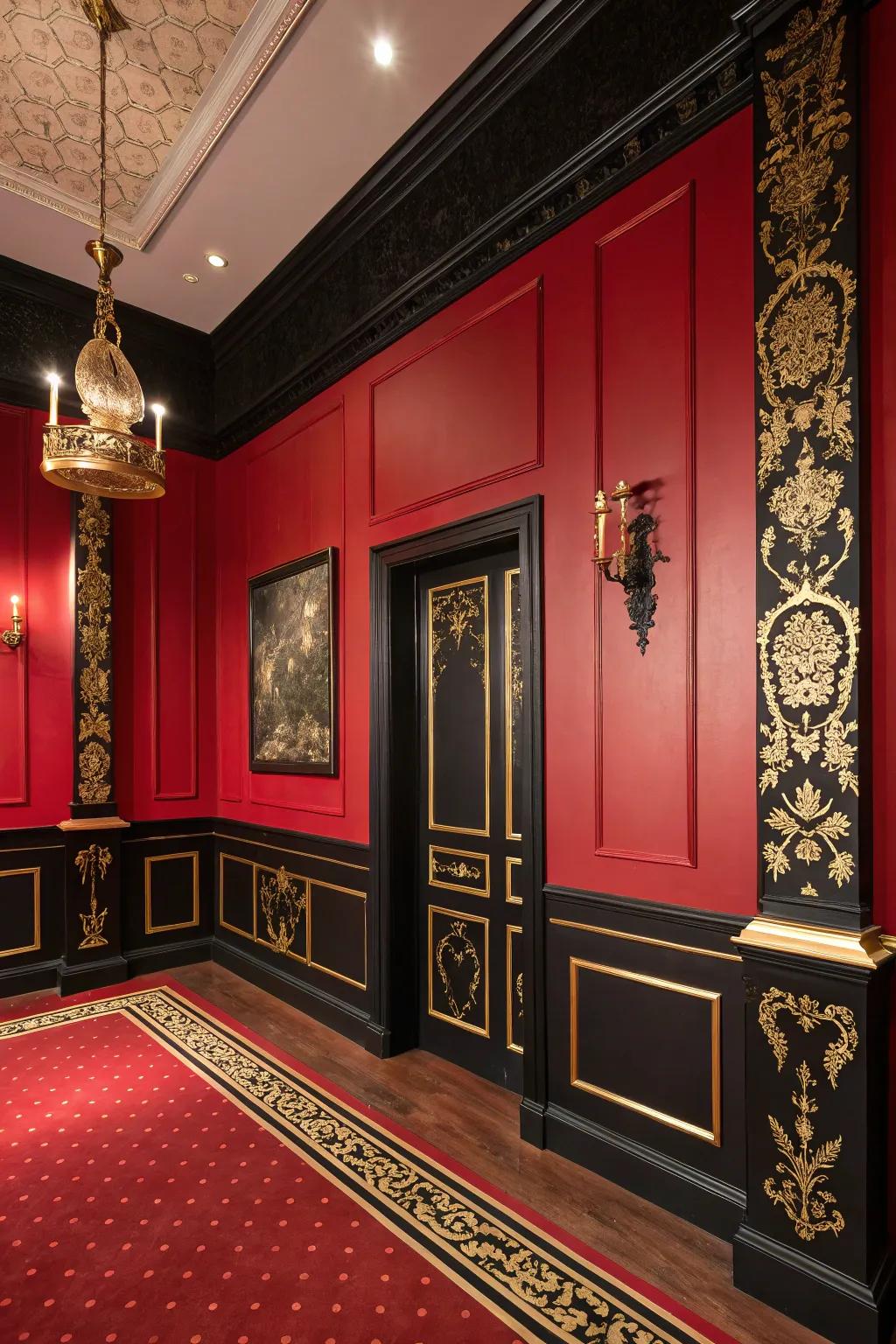 A refined space where crimson meets neutral and dark shades for a balanced aesthetic.