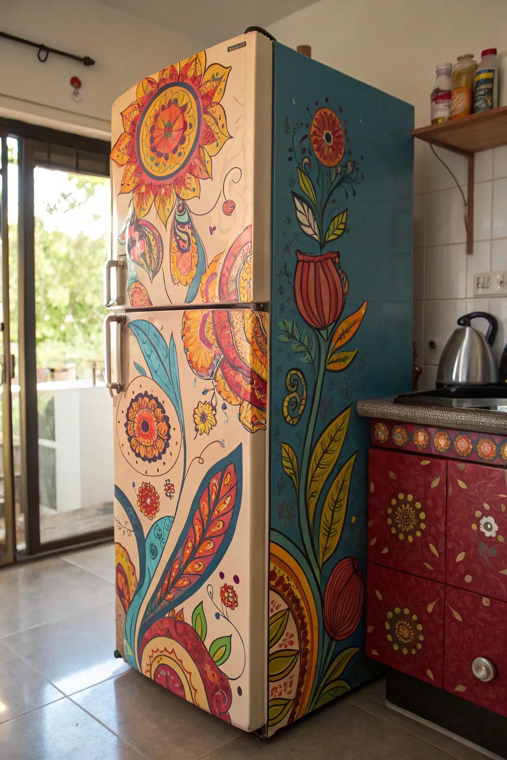 A refrigerator decorated with artistic decals, making a daring declaration.