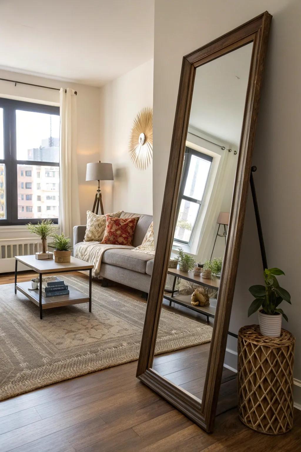 Reflective surfaces enlarge and brighten spaces effortlessly.