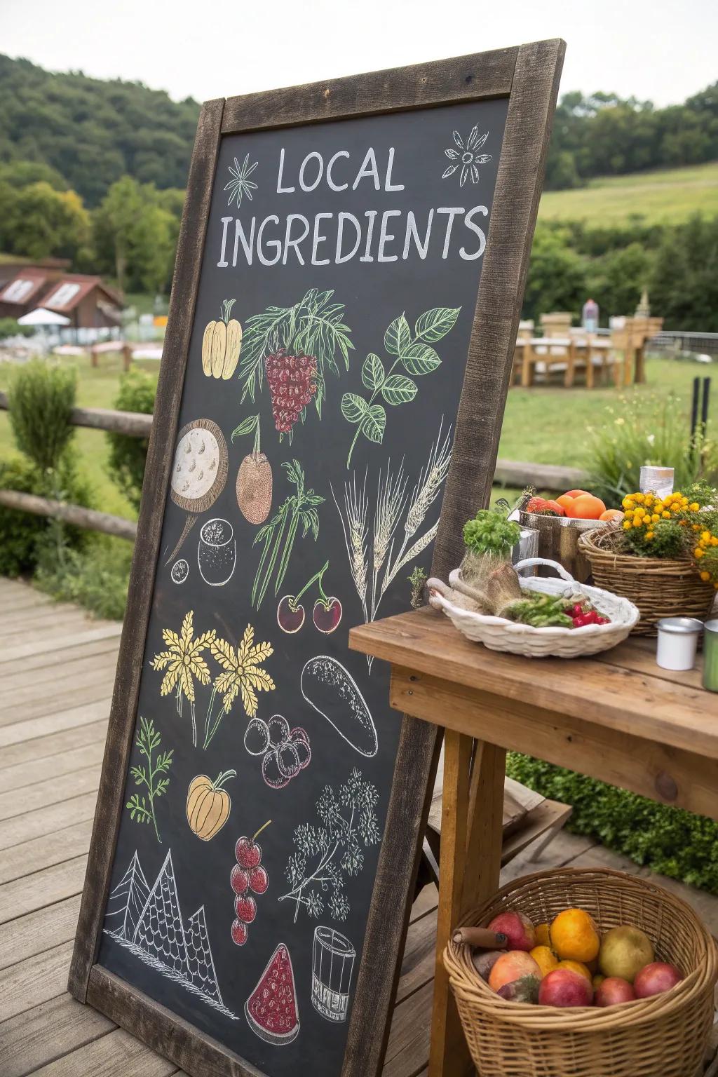 A chalkboard proudly featuring locally sourced ingredients with decorative flourishes.