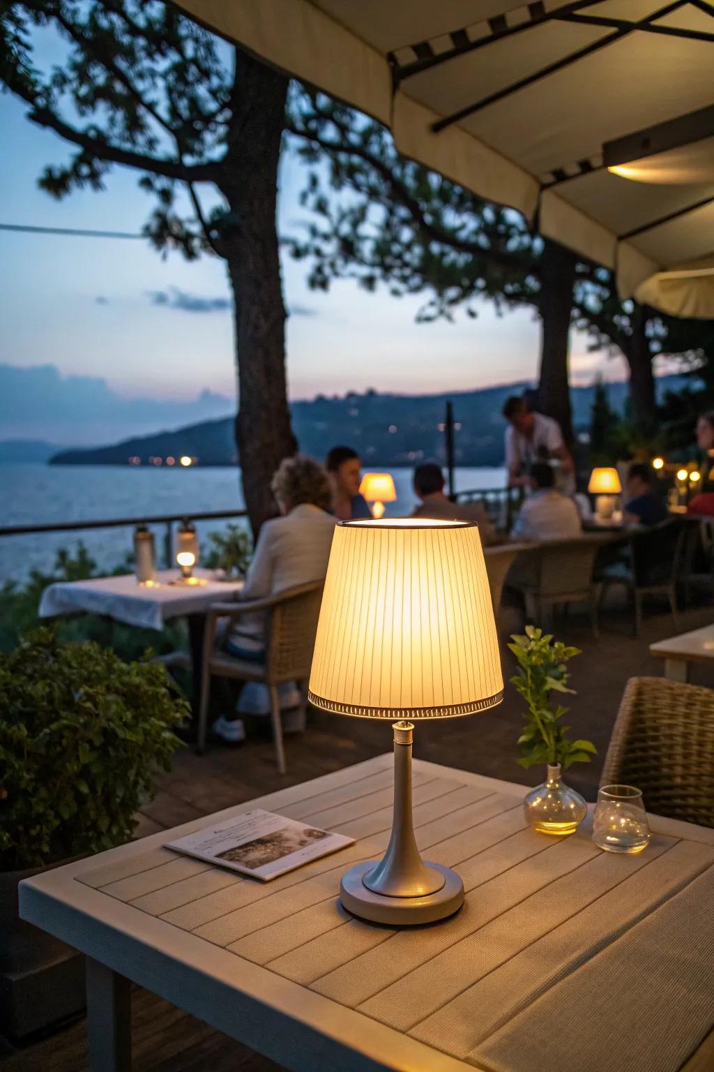 A cordless table lamp sits on a restaurant patio table in an outdoor setting.