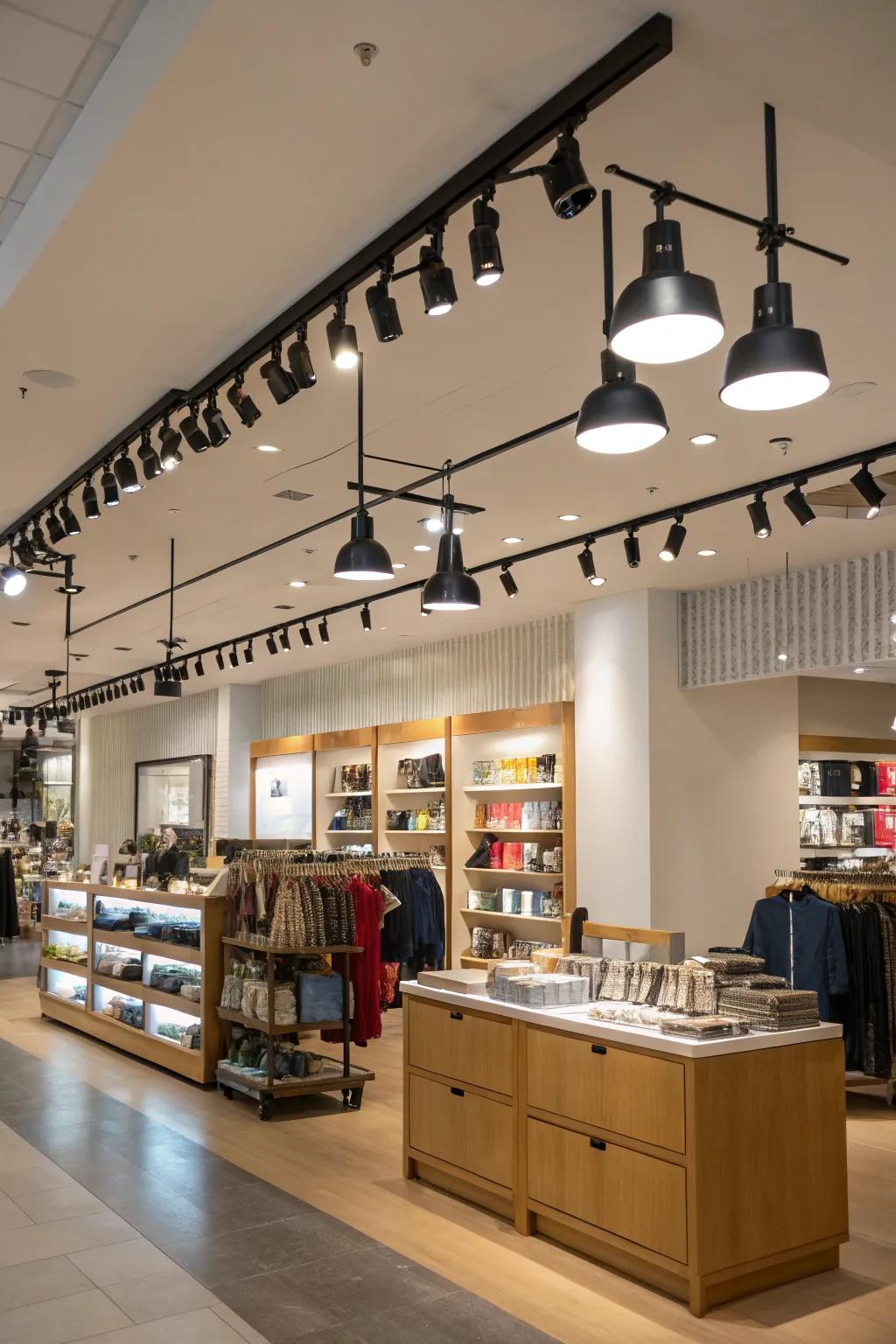 Rail lighting enabling flexibility in emphasizing store zones.