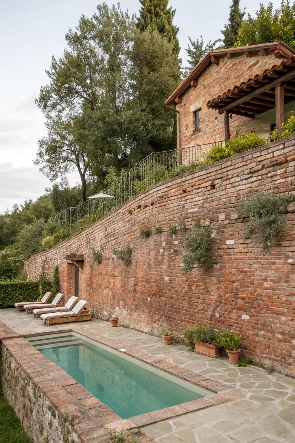 A charming brick retaining wall bringing warmth to a pool area.