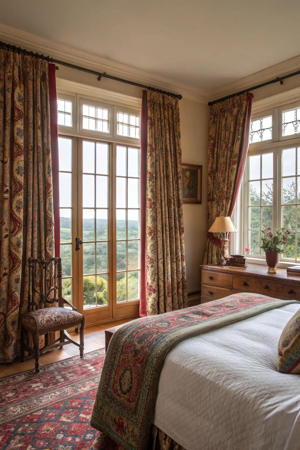 Patterned curtains frame the view with flair.