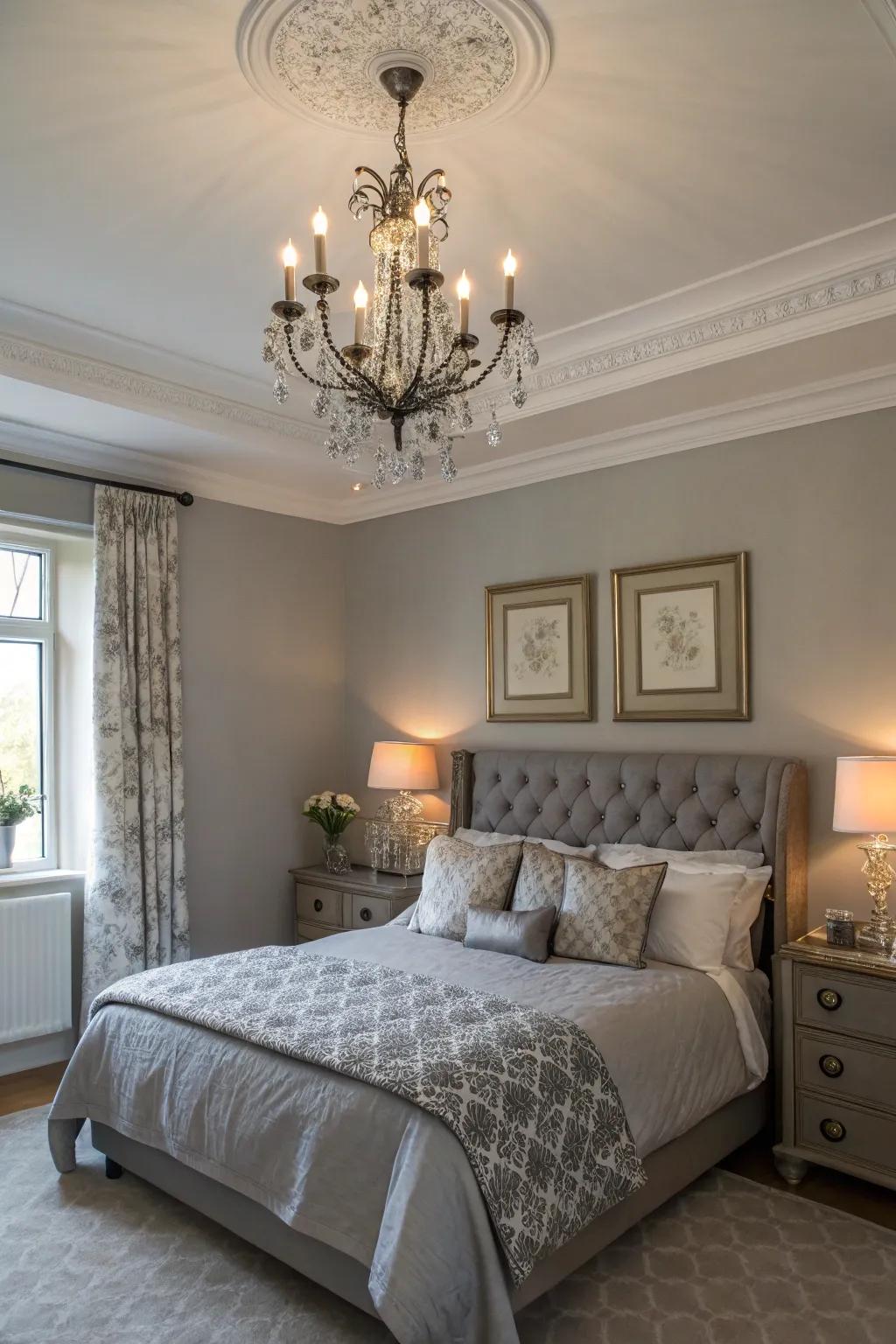 Layered lighting enhances the ambience of a Gentle Gray bedroom.