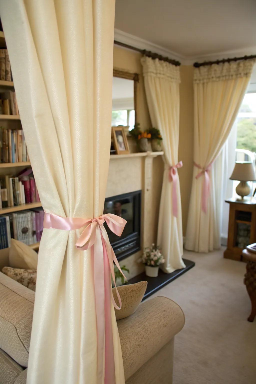 Employ <strong>ribbons</strong> as endearing fasteners for your drapes.” loading=”lazy” class=”pimg”>
	</picture><figcaption>Employ <strong>ribbons</strong> as endearing fasteners for your drapes.</figcaption></figure>
<p>In lieu of employing conventional tiebacks, opt for <strong>ribbons</strong> to secure your drapes in position. It contributes a delicate and amorous sensation to the chamber, an aspect I revere within my dwelling space.</p>
<h3>These products might help:</h3>
<ul class=