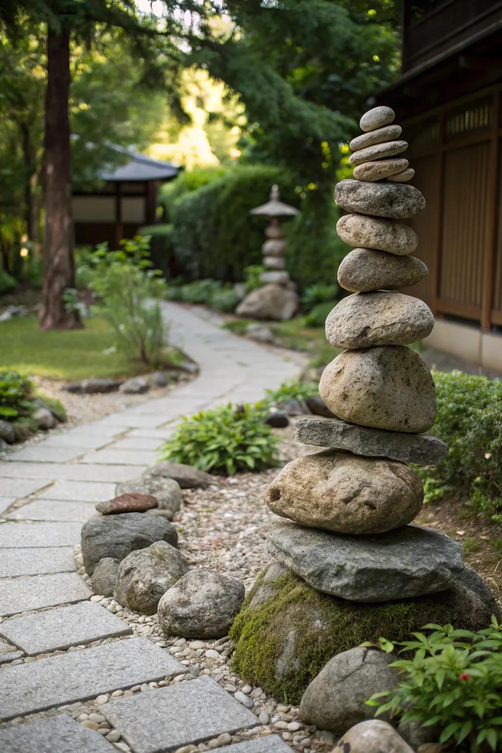 Unleash creativity using unique stream stone sculptures that inject character into your garden.