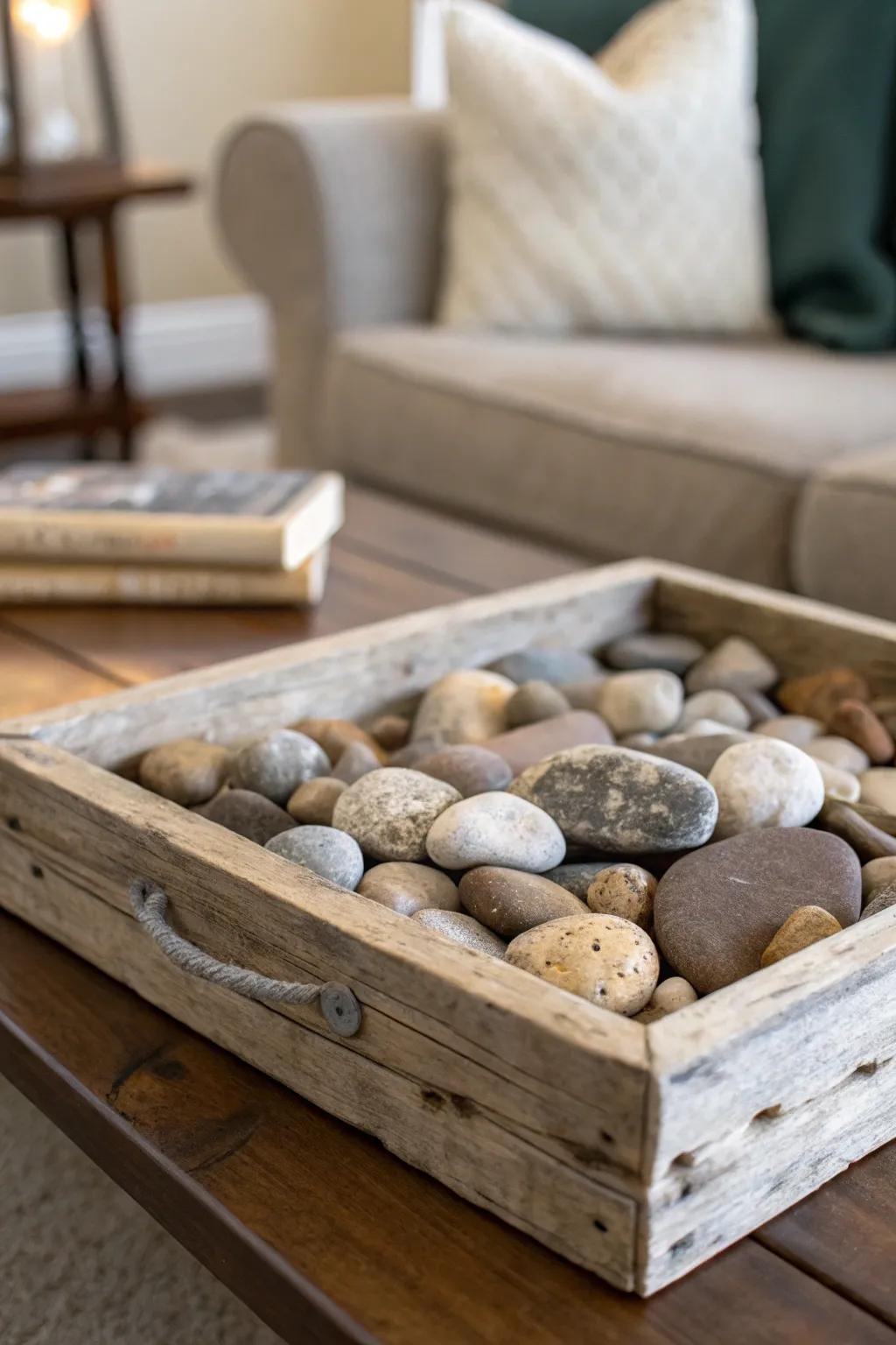 A rustic tray showcasing stones on an occasional table