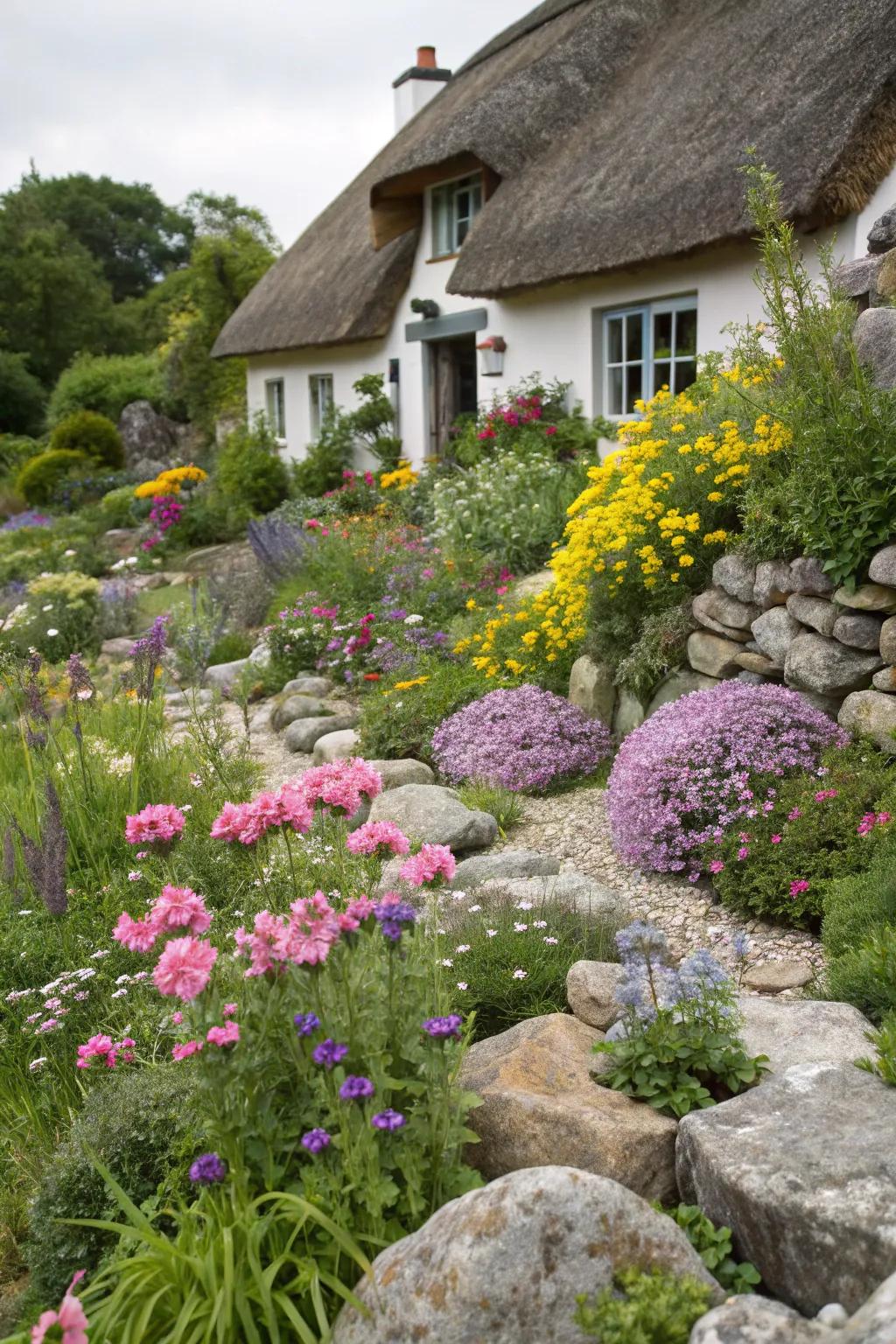 A fusion of stones and flora crafts a picturesque countryside landscape.