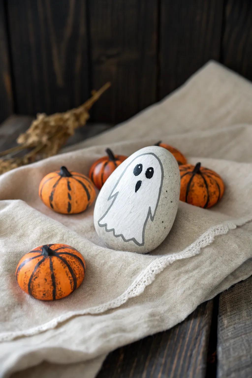 Enhance your Halloween ambiance with understated rock artistry that captures the spectral essence in a simple, authentic manner.
