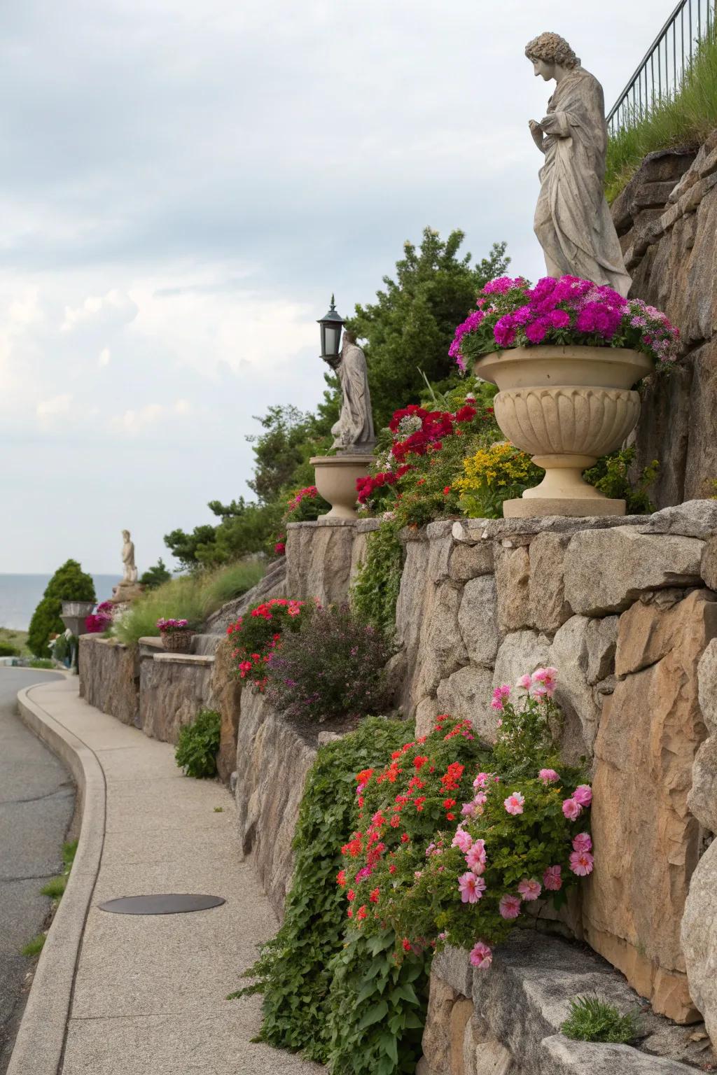 Ornamental elements like sculptures and planters add beauty to rock structures.