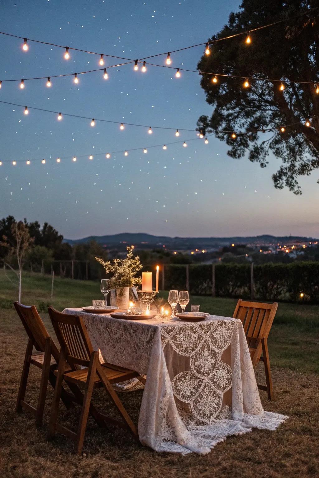 Dine in style under the stars with an outdoor arrangement illuminated using string lights.
