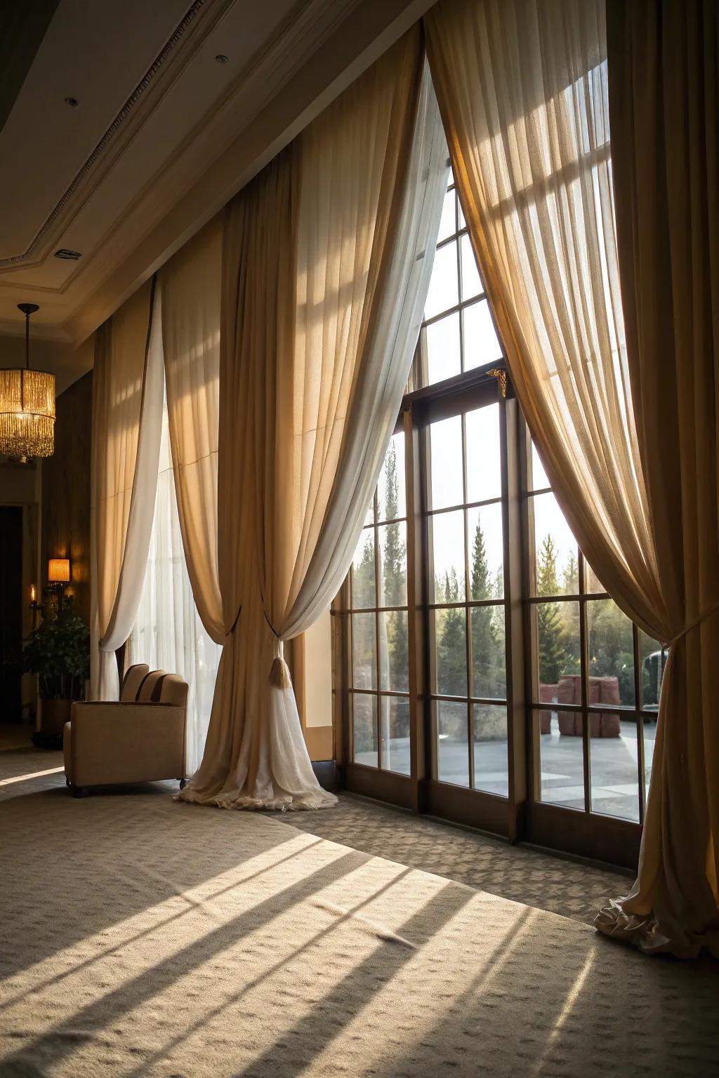 Impart grandeur through streaming window hangings.