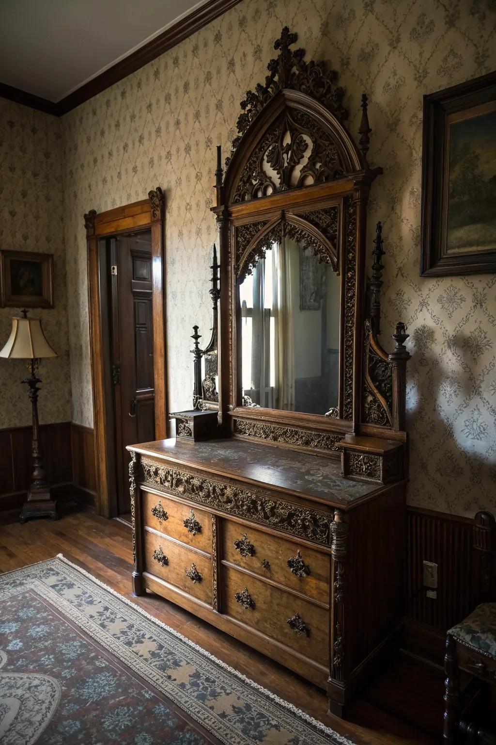 Period d&eacute;cor pieces bring timeless elegance to a Victorian Gothic sleeping quarters.