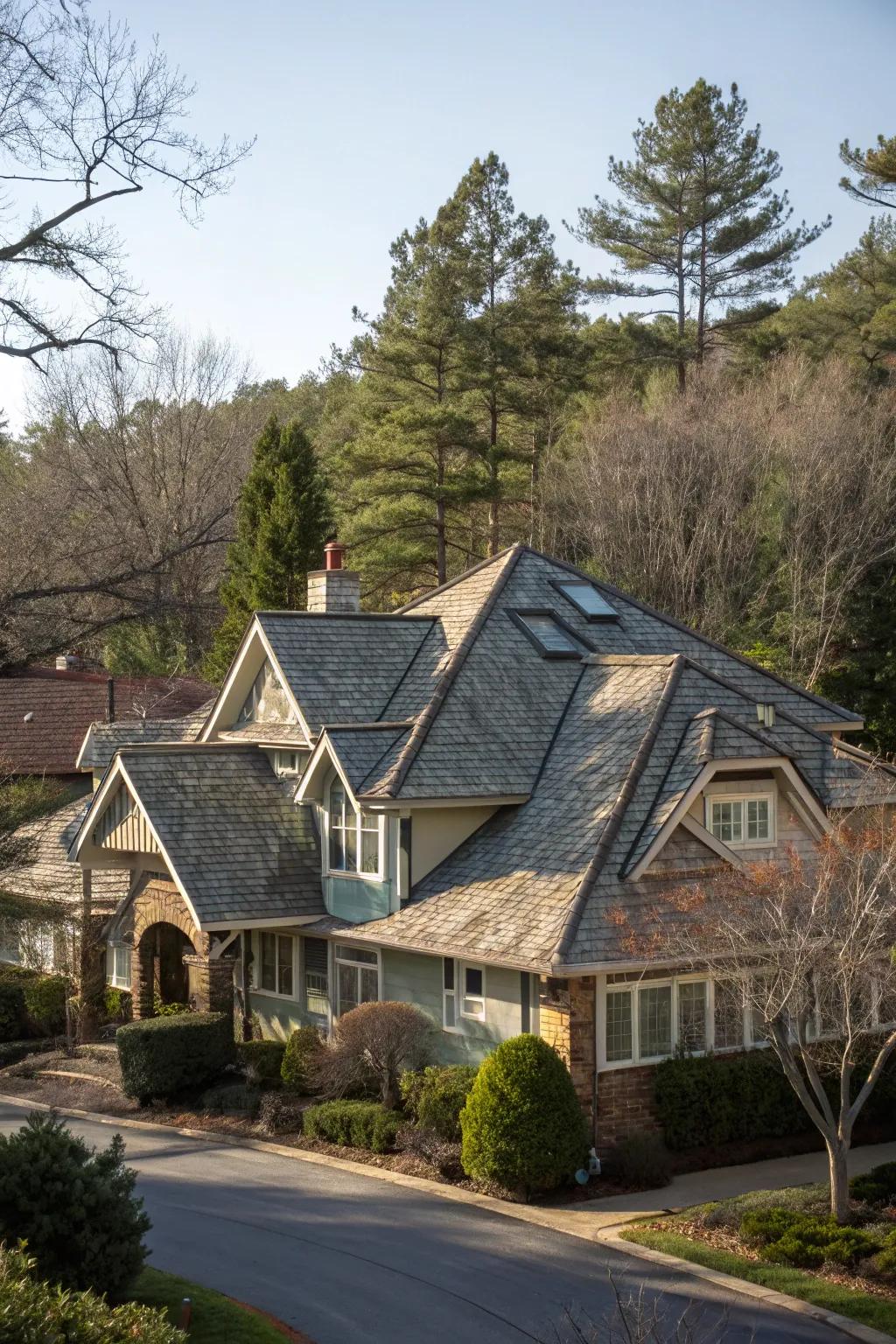 Multi-layered roofs contribute structural intrigue and character.