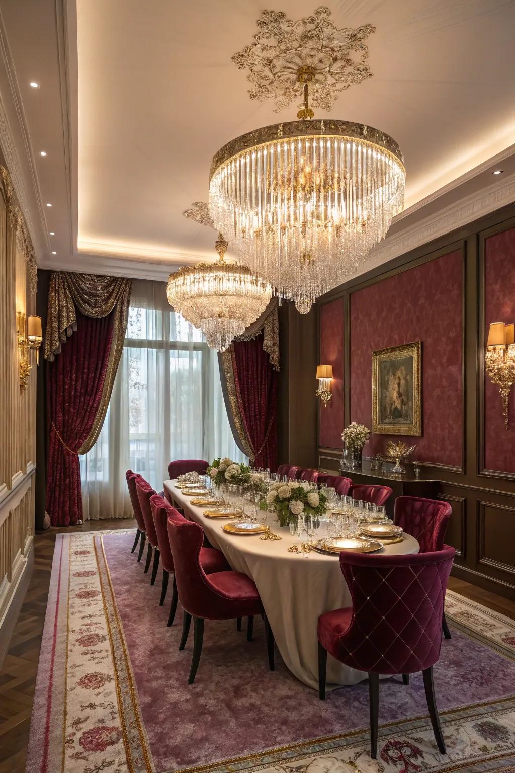 A luxurious dining room with bold gem hues and elegant decor.