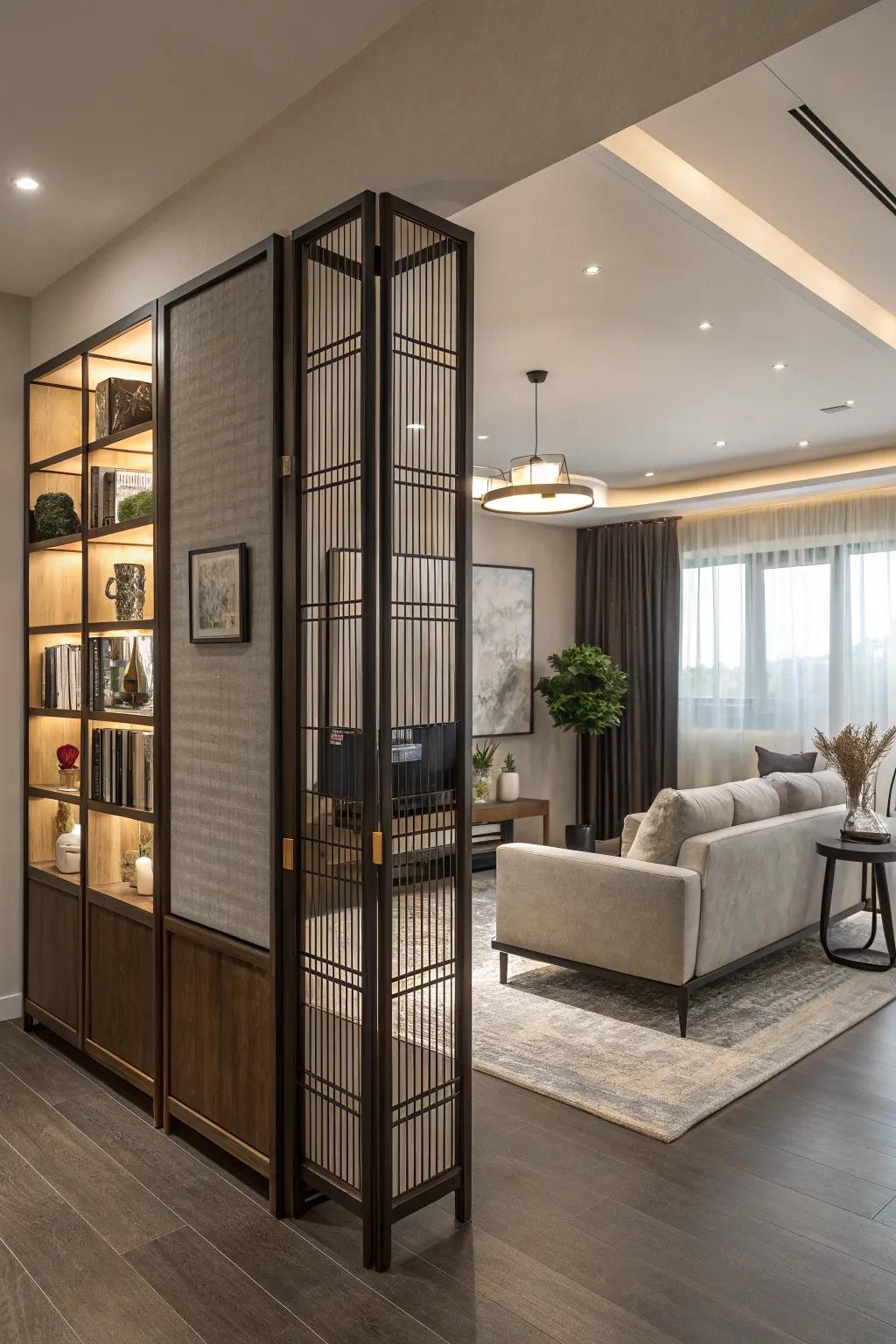 Furniture pieces serve multiple roles, acting as both area dividers and practical elements.
