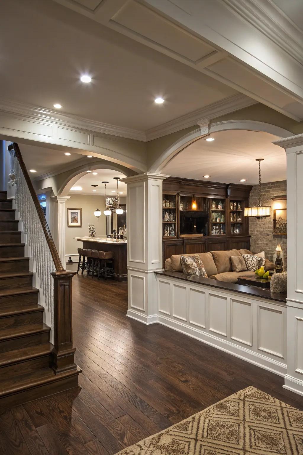Architectural elements blend style and function for sophisticated space division.