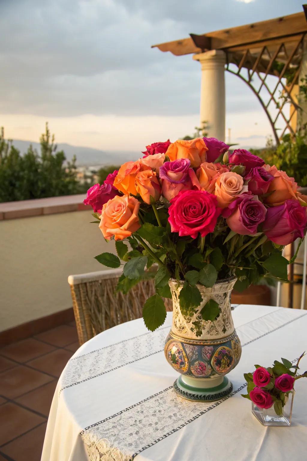 Daring and vibrant by way of peach and fuchsia roses.