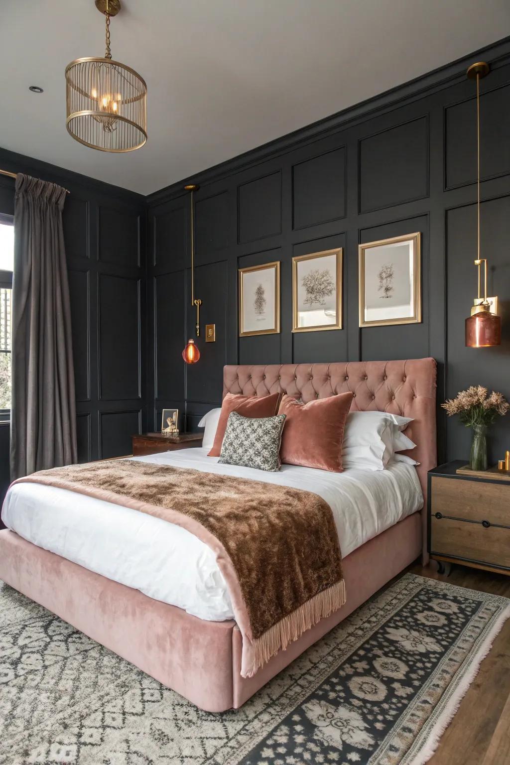 Dark walls and rose gold accessories combine to create a captivating contrast.