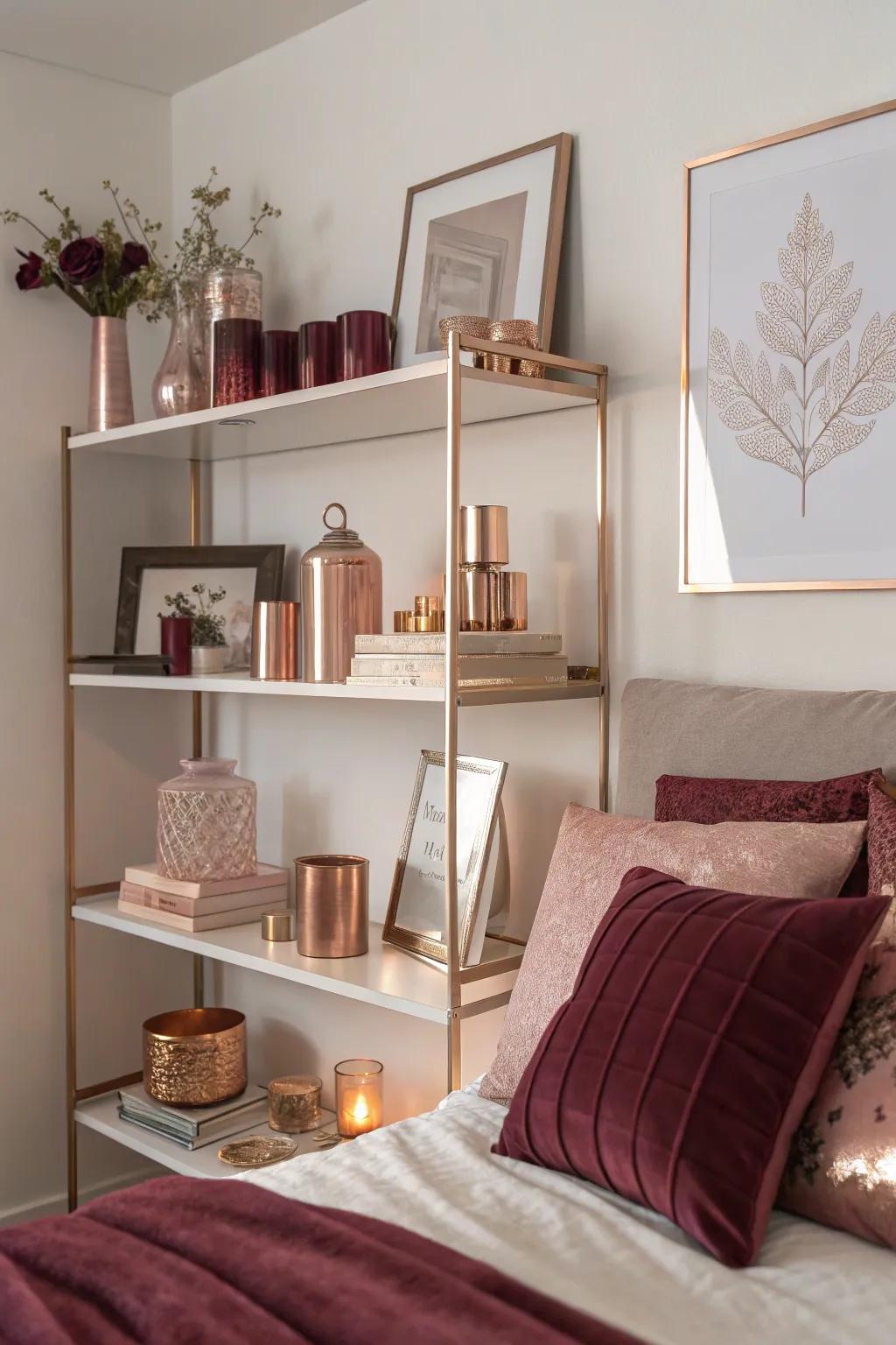 Rose gold decor pieces add subtle sophistication to the space.