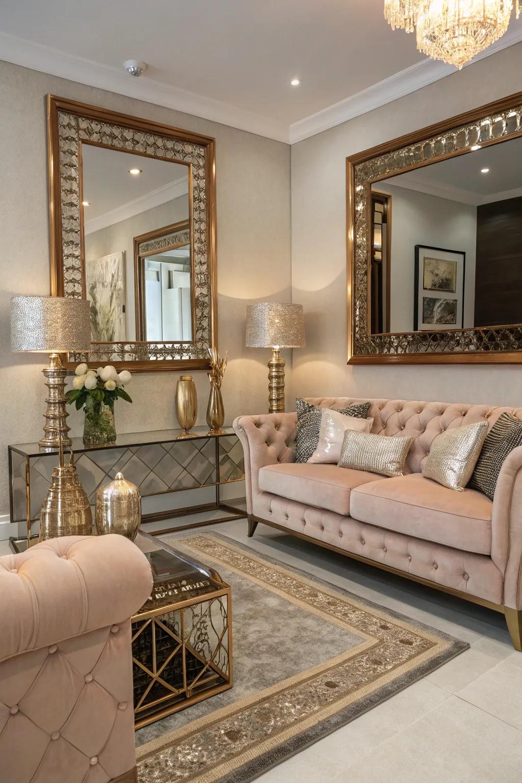 Mirrored embellishments using rose gold frames enhance the area's elegance.