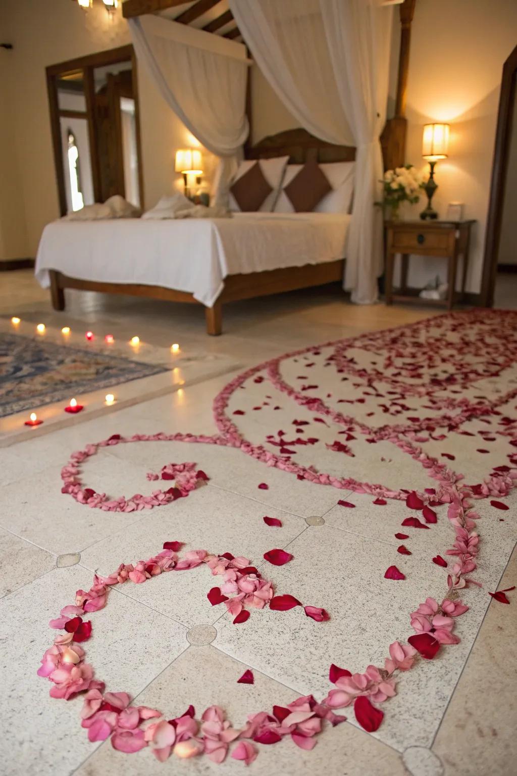 Intricate rose petal patterns leading to the bed.
