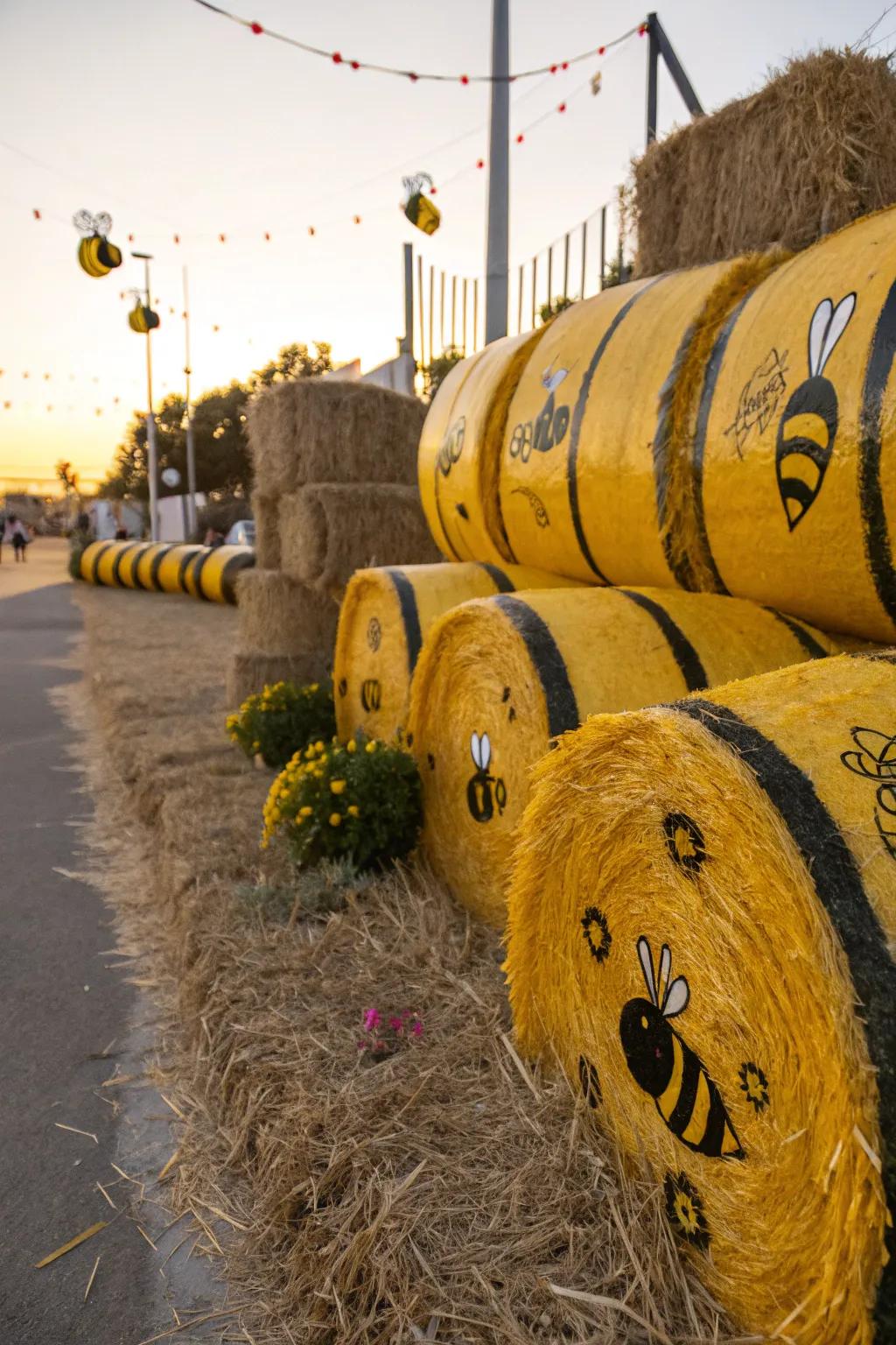Dive into creative decor using hay bales converted into charming beehives for a sweet outdoor display.