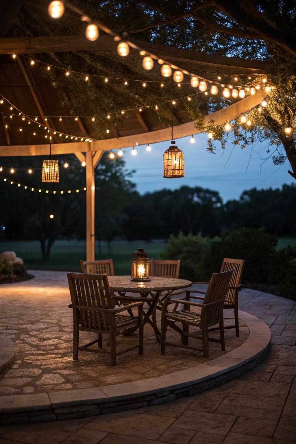 Layered lighting transforms this patio into a magical experience.