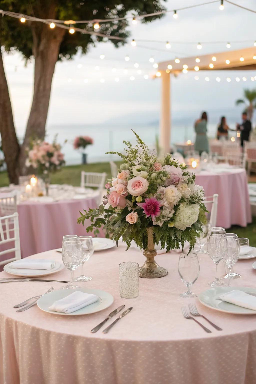 Dreamy pastel table coverings impeccable for a spring wedding.