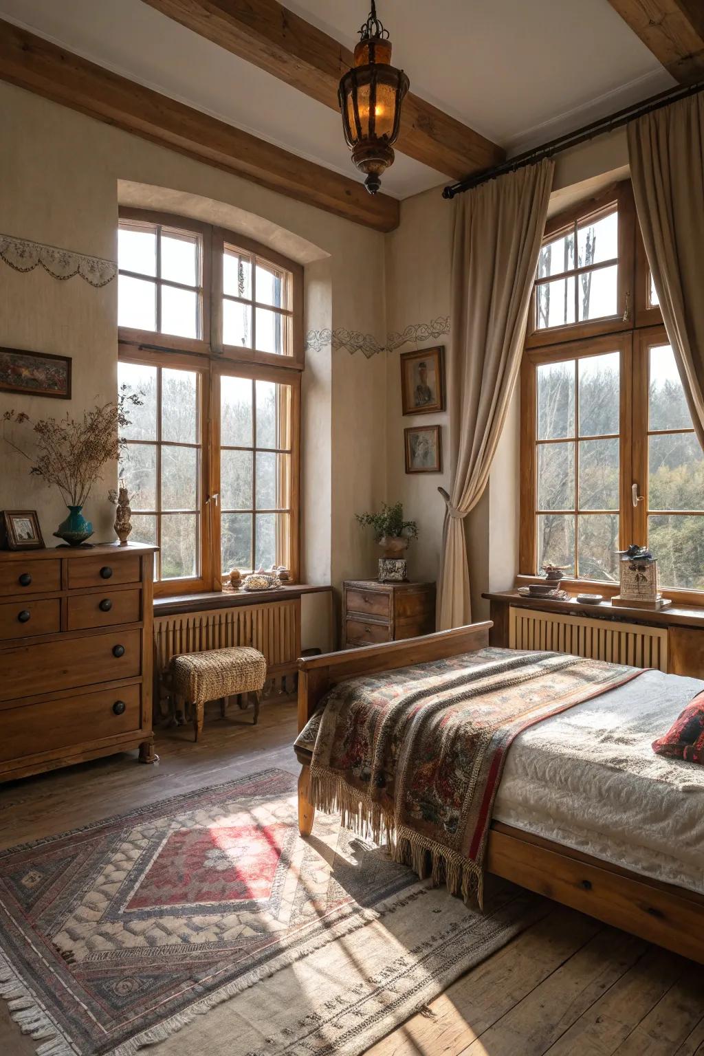This antique bedroom is made brighter and larger by the natural light.