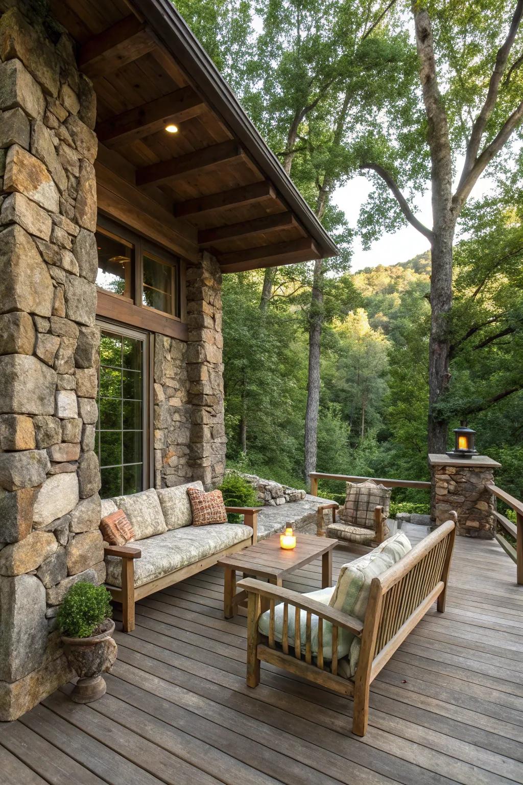 Rock embellishments supply texture and allure to this countryside deck.