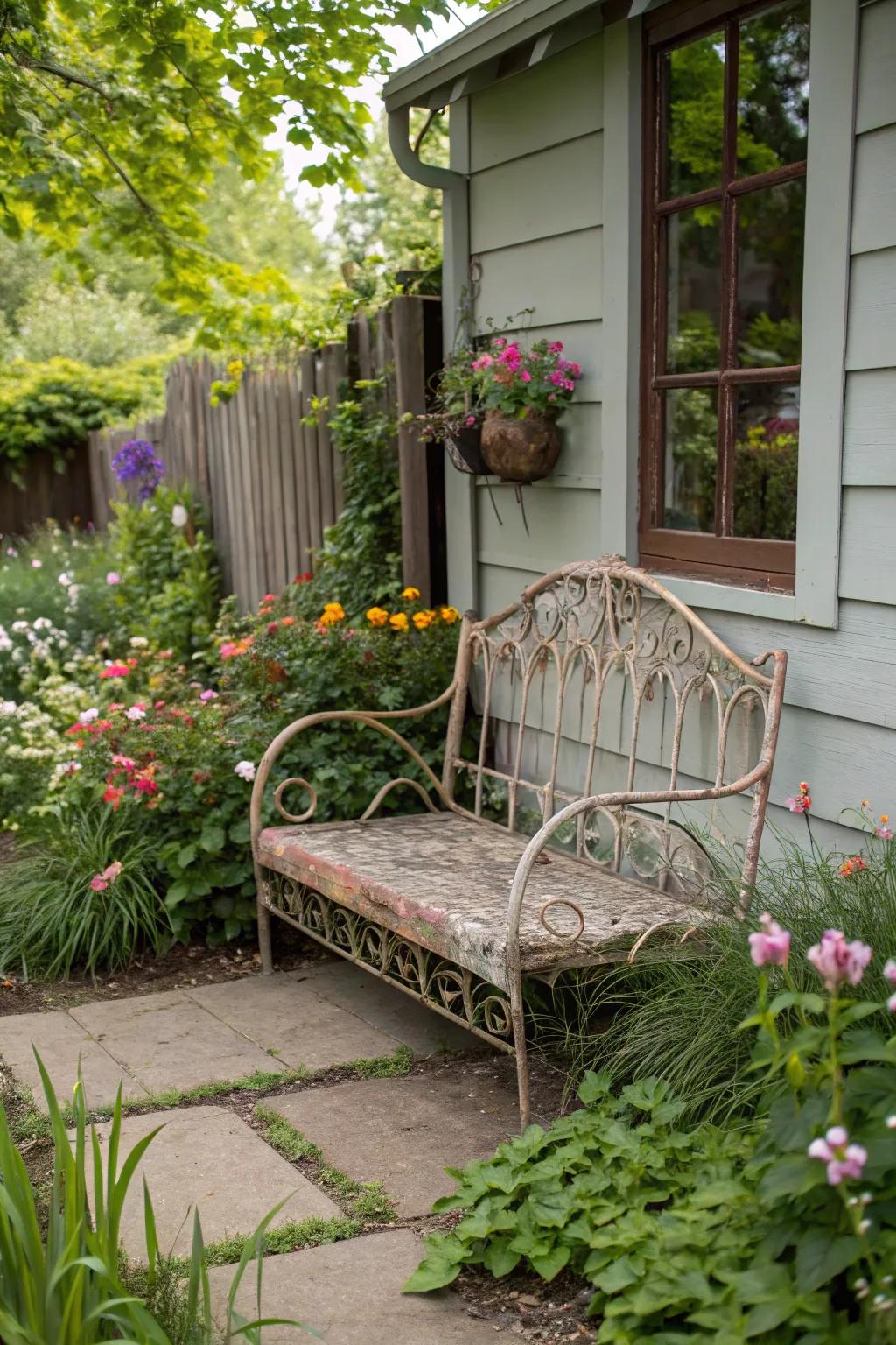 An extraordinary garden bench crafted from a repurposed metal bed structure.
