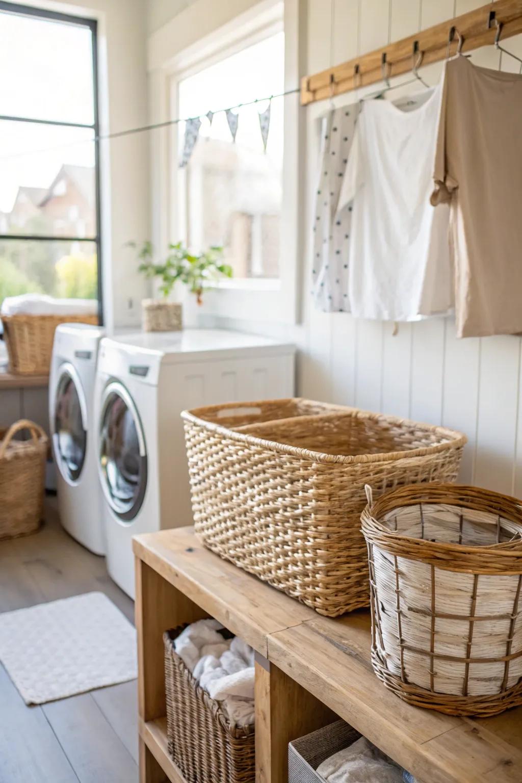 Fiber baskets provide practical storage and rustic appeal.