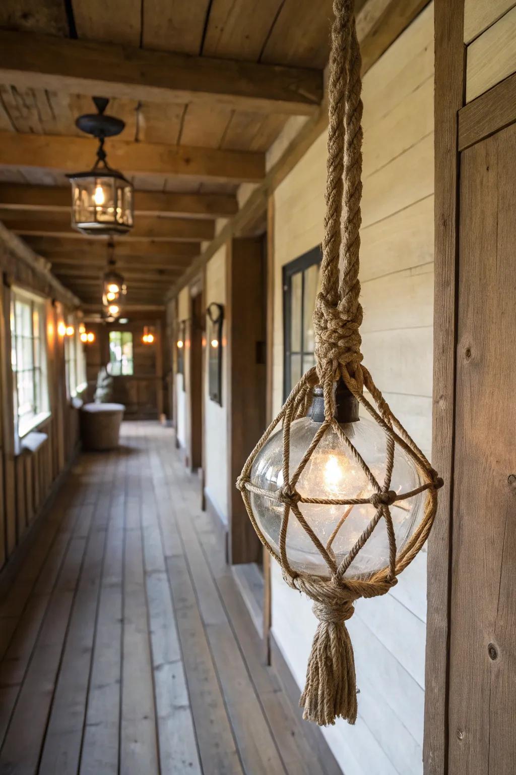 Glass and rope elements create a modern countryside design in this hallway.