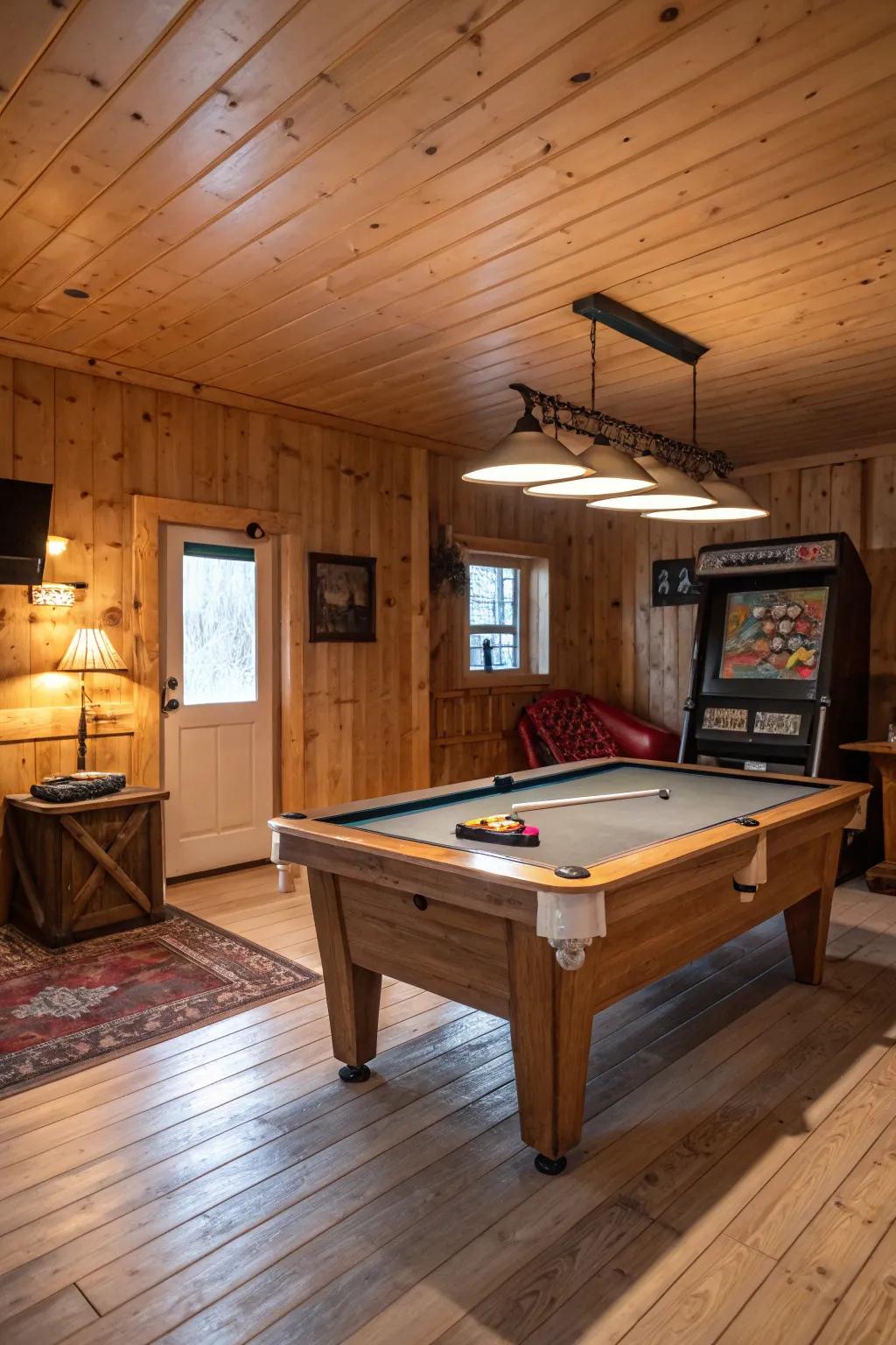 A man cave leisure zone with a billiards table at its center.