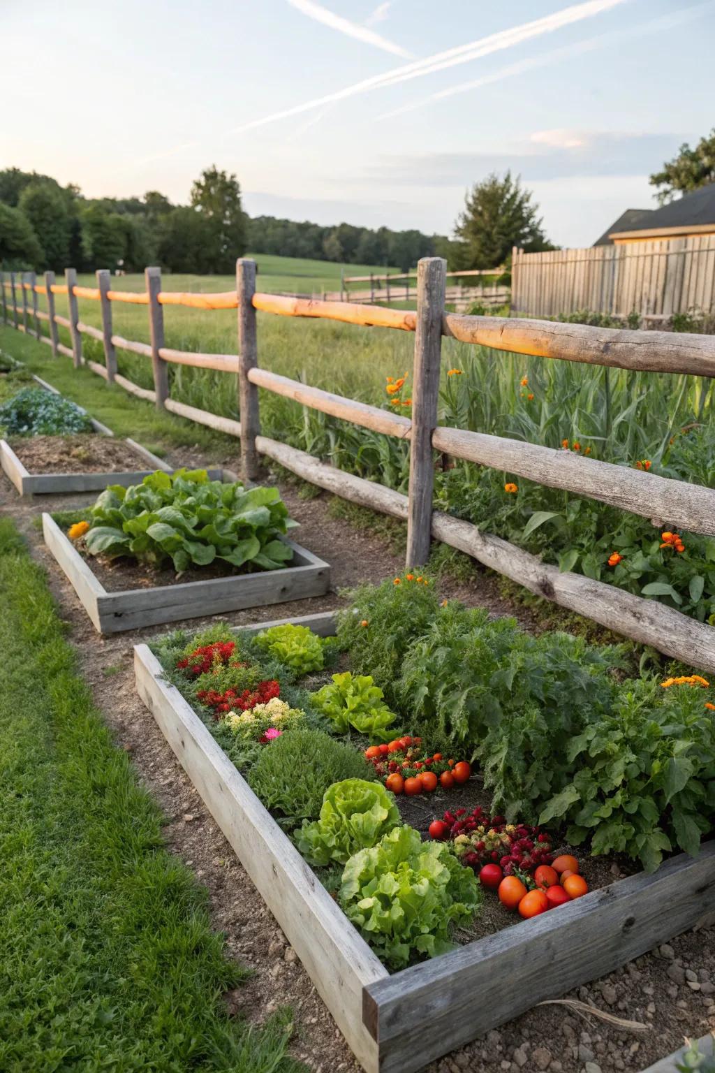 Raised garden beds framed by a rustic split rail fence.