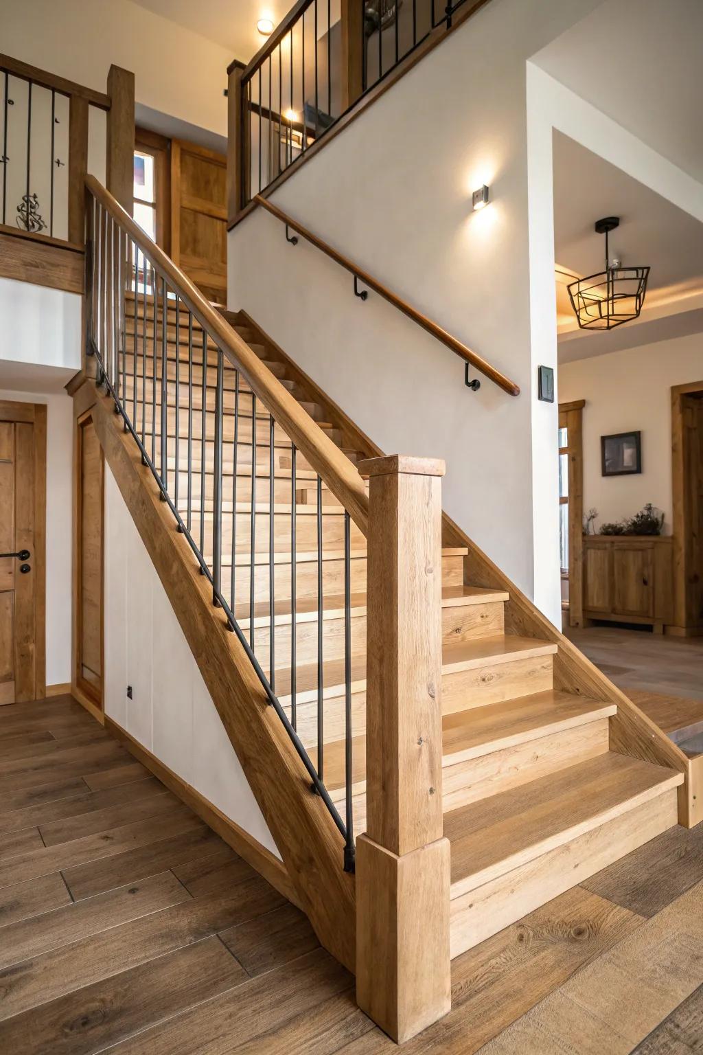 An understated country staircase that underscores simplicity and raw beauty.