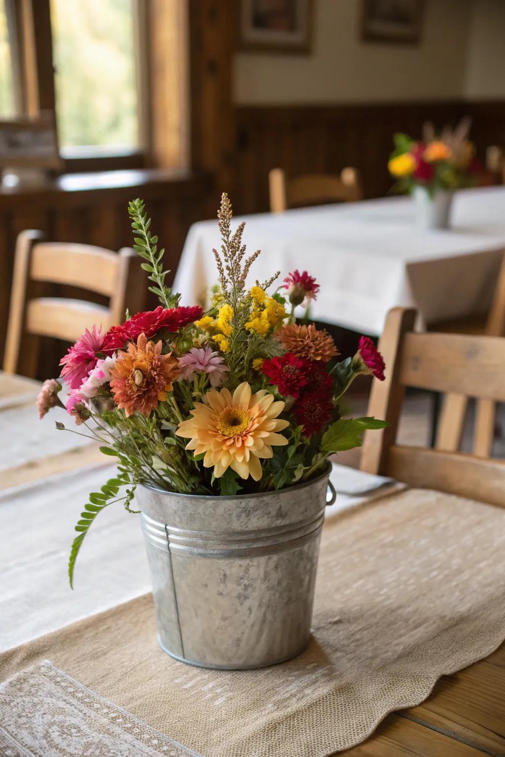 Metal buckets contribute rustic elegance to any formal setting.