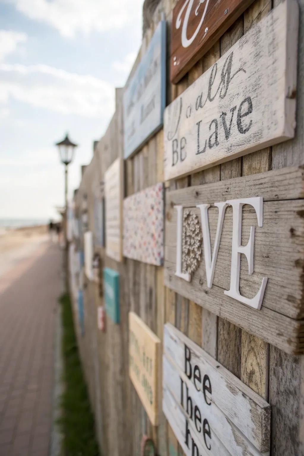 Weathered timber signs featuring proverbs contribute a personal element to countryside decor.