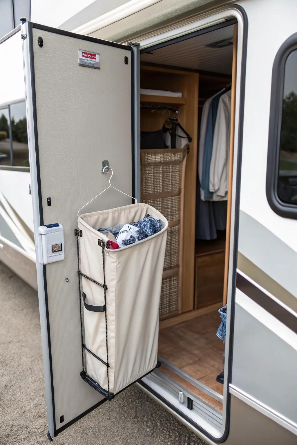 Dirty laundry stays organized and out of sight with a slim hamper.