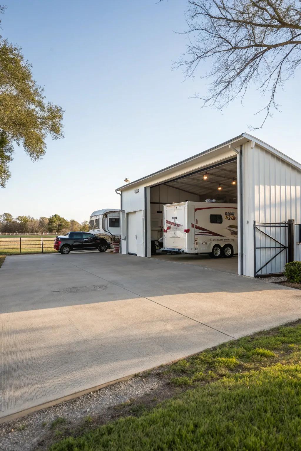 An RV shed that has room for more than one vehicle.
