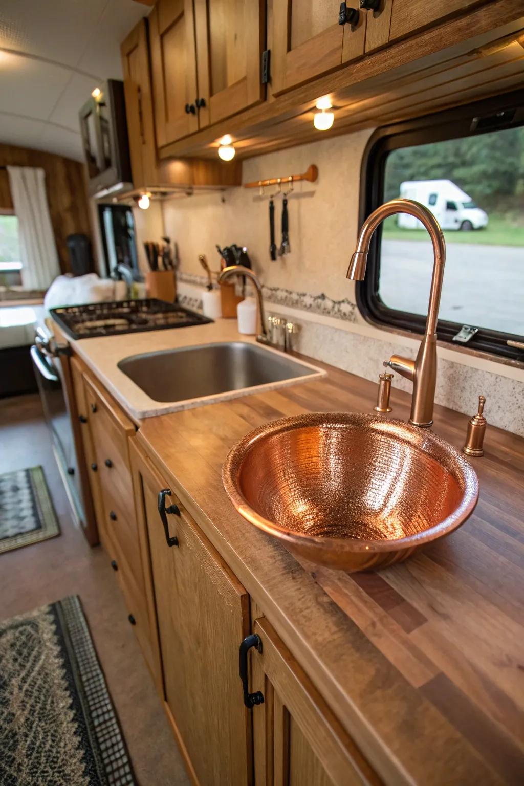 A bronze sink brings a quaint appeal to an RV kitchen.