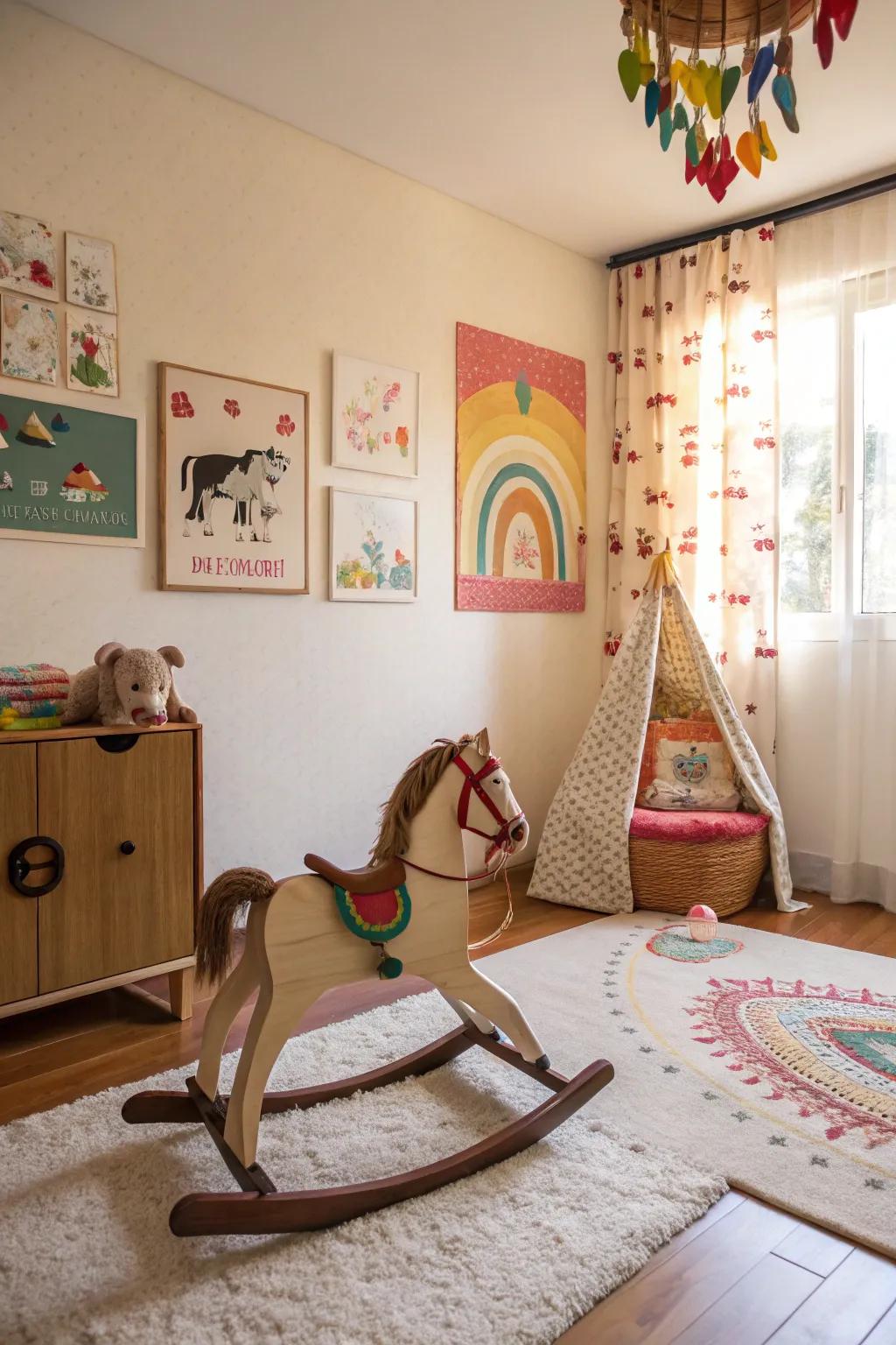 This cheery children's room is enhanced by the addition of an equestrian rocking horse.