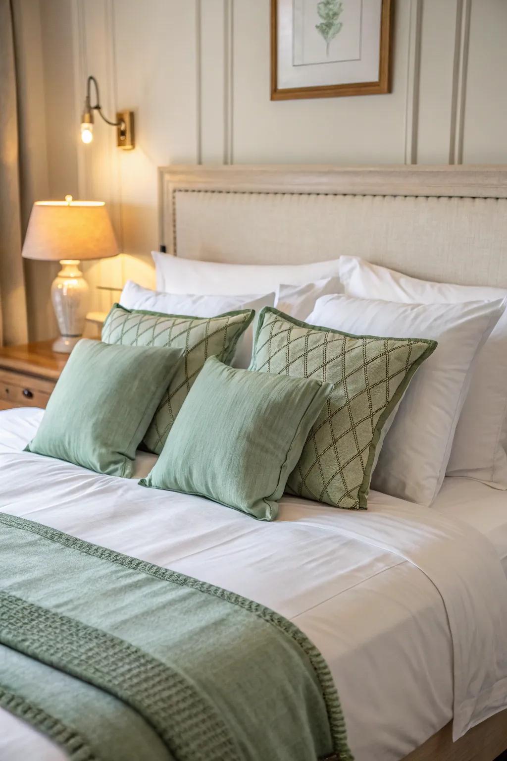 Incorporate sage green with decorative pillows.