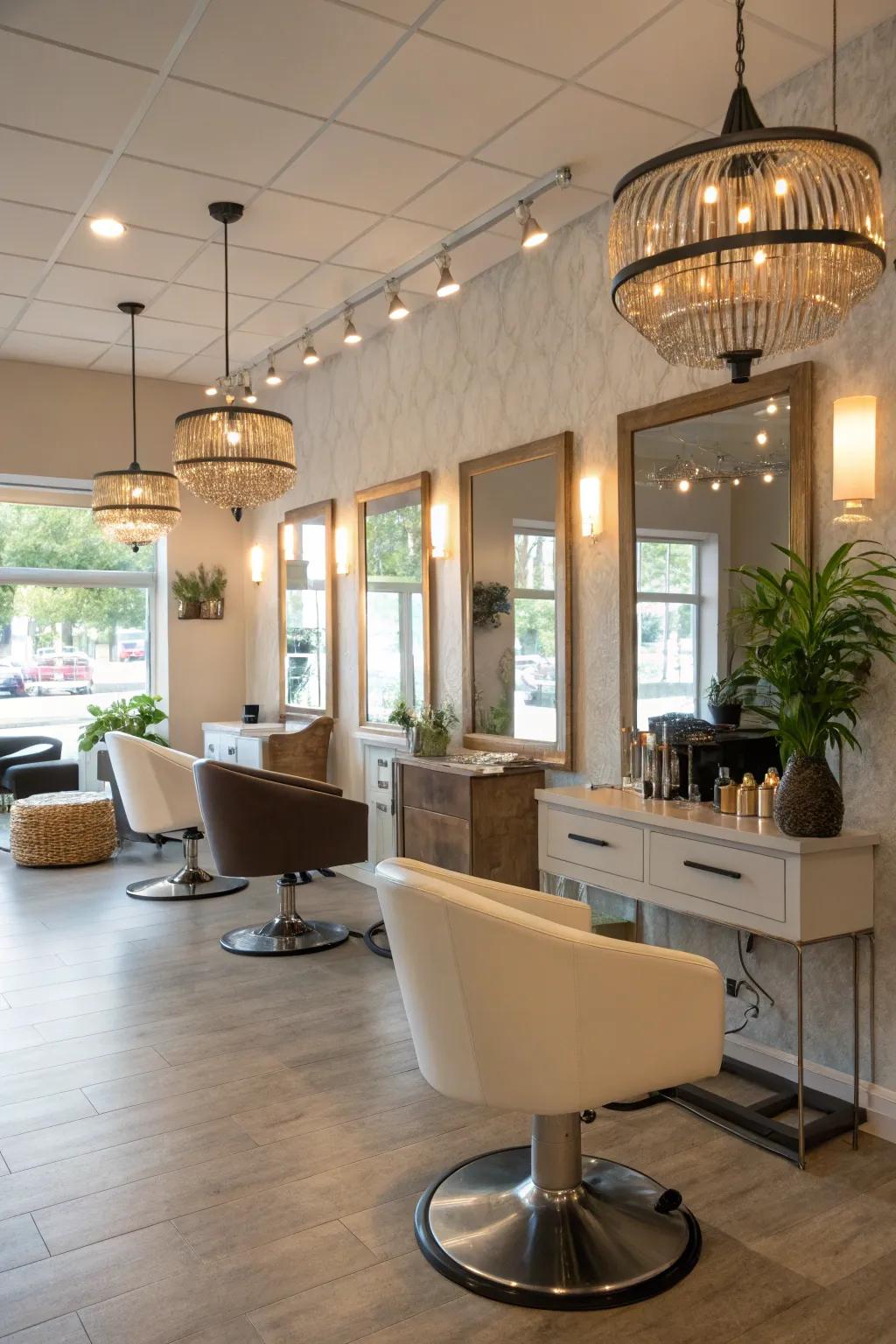 Lighting creating a warm and inviting salon environment.