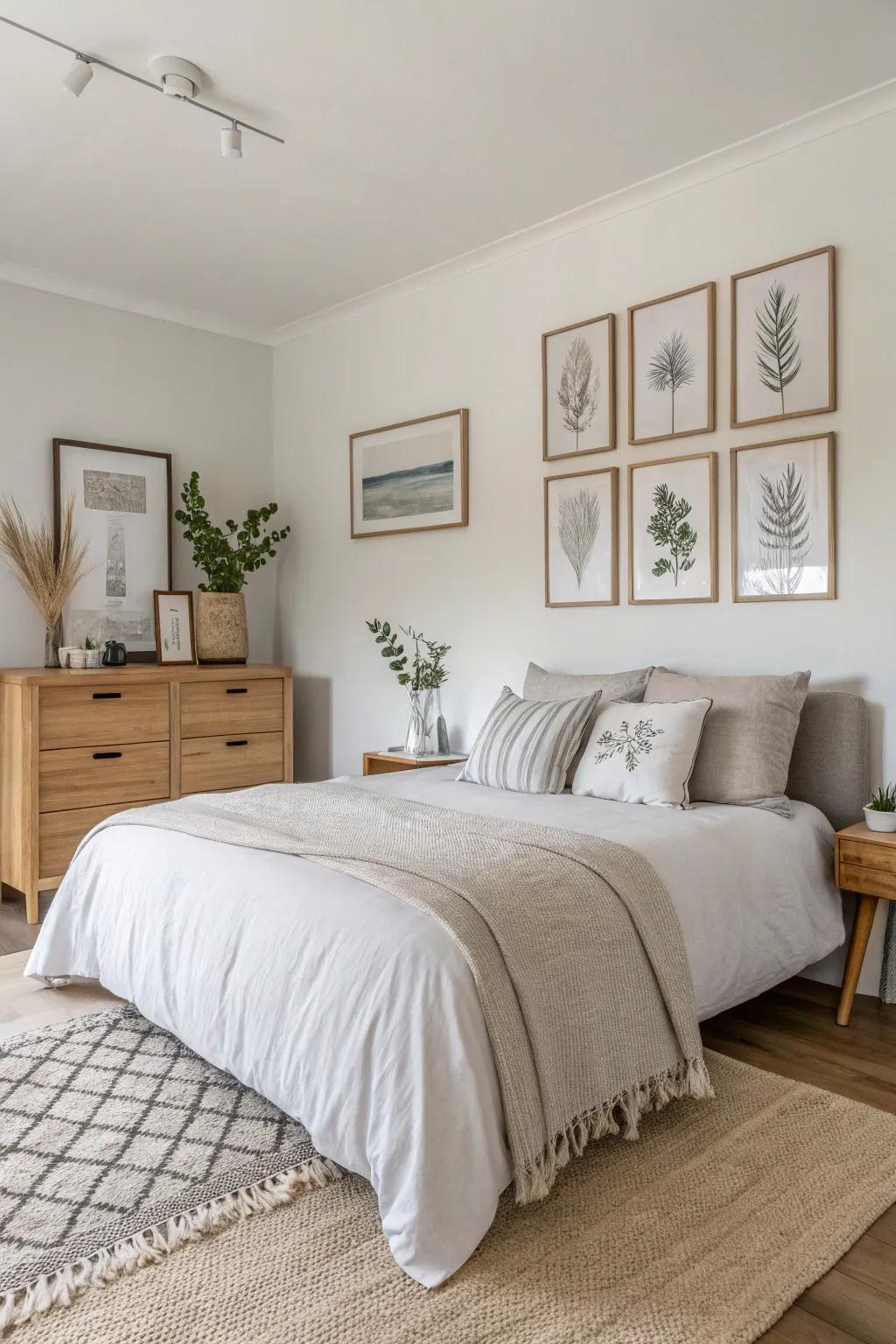 A bedroom exhibiting muted tone materials and Scandinavian design