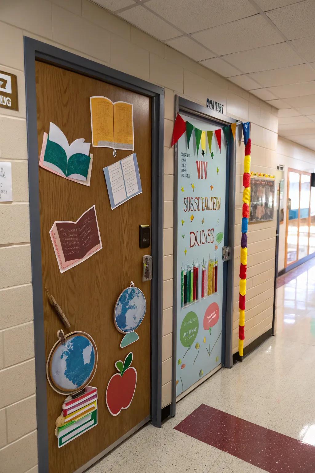 An educational concept on an academic entrance featuring stories and learning instruments.