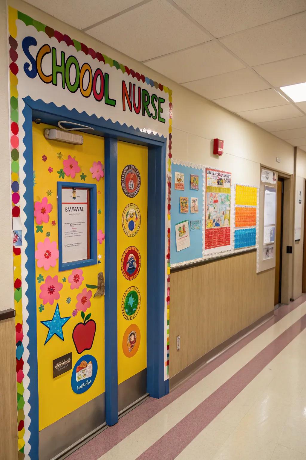 A bright and welcoming school nurse door is inviting to everyone.