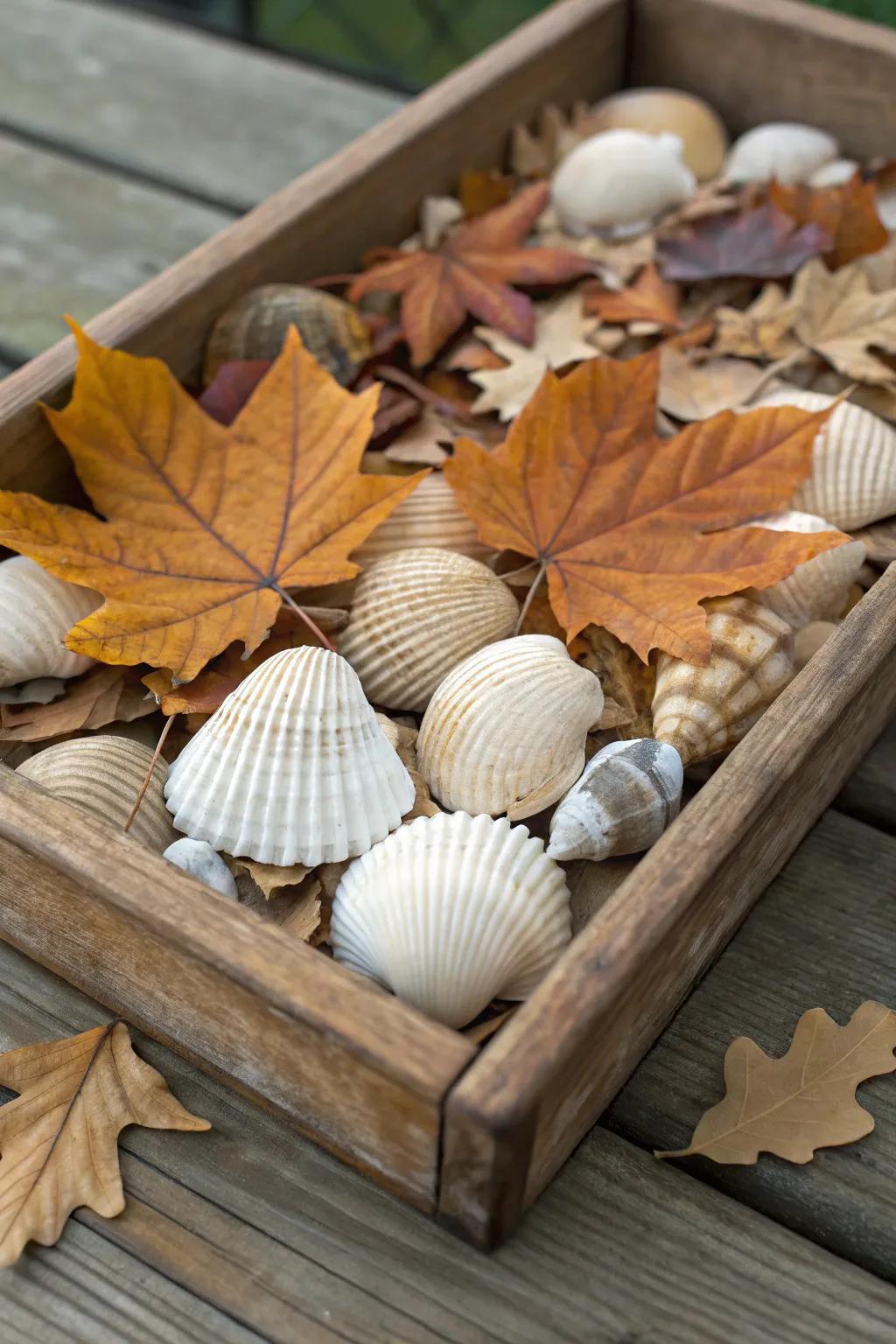 Seashells coordinated with seasonal components compose a vibrant display.